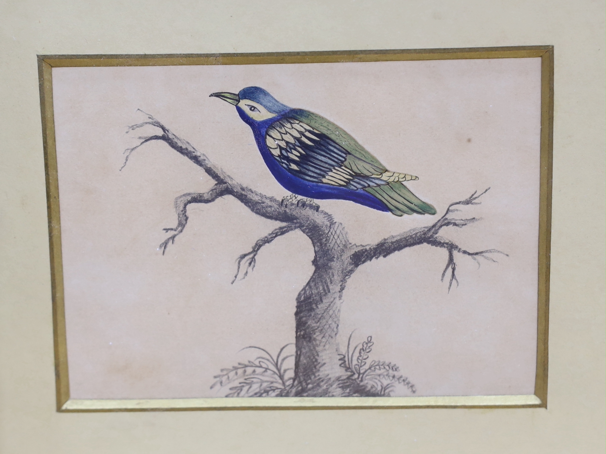 A small Chinese pith paper painting, two figures playing skittles, together with a study of a perched songbird, each 8.5 x 11.5cm